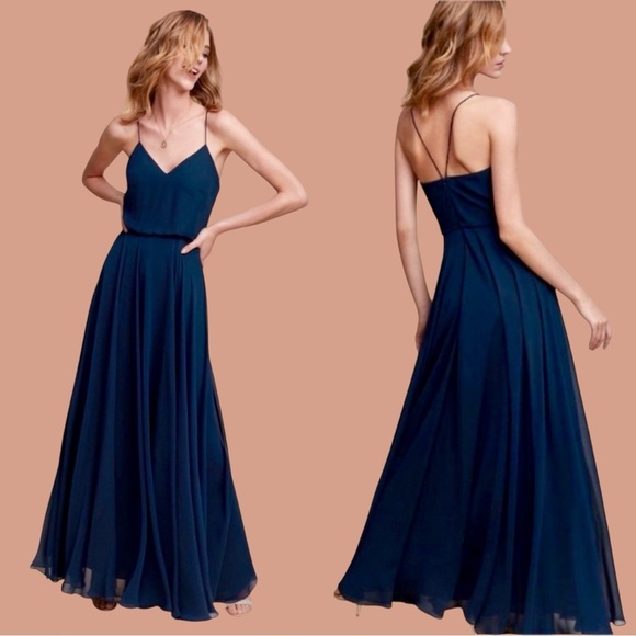 Jenny Yoo Collection ‘Inesse’ Chiffon Evening Gown in Navy Blue Size 10 - Picture 1 of 16
